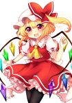  ascot black_legwear blonde_hair bow fang flandre_scarlet hat hat_bow highres mob_cap open_mouth red_eyes ruhika sash side_ponytail solo thighhighs touhou wings wrist_cuffs zettai_ryouiki 