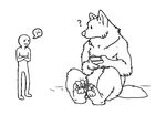  4_toes anthro canine claws couple crossed_arms duo fluffy human interrogation interspecies mammal monochrome nintendo nintendo_ds pawpads sad sitting standing toes unknown_artist video_games were werewolf 