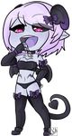  bow chibi cleavage clothed clothing collar digital_media_(artwork) female gr0ssking hair horn legwear navel not_furry open_mouth panties pink_eyes purple_hair solo spade_tail standing stockings succubus underwear 