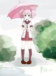  1girl alternate_eye_color bafarin bangs black_legwear blunt_bangs green_eyes hair_bobbles hair_ornament holding holding_umbrella kneehighs pink_hair pleated_skirt school_uniform serafuku shoes short_twintails skirt twintails umbrella yoshikawa_chinatsu yuru_yuri 