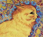  abstract_background ambiguous_gender cat colored_pencil_(artwork) ears_back feline feral fur license_info looking_at_viewer louis_wain mammal mixed_media nude painting_(artwork) public_domain smile solo traditional_media_(artwork) whiskers yellow_eyes yellow_fur 