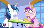  2015 beverage blue_eyes blue_hair couple cutie_mark dm29 duo equine female feral food friendship_is_magic hair horn husband_and_wife male mammal multicolored_hair my_little_pony nom preening princess_cadance_(mlp) purple_eyes shining_armor_(mlp) straw table unicorn winged_unicorn wings 