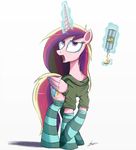  2015 candy cheese clothing cutie_mark equine female feral food friendship_is_magic hair horn legwear magic mammal multicolored_hair my_little_pony ncmares open_mouth potato_chips princess_cadance_(mlp) purple_eyes simple_background socks solo striped_legwear striped_socks stripes white_background winged_unicorn wings 