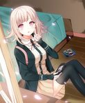  :o backpack bag bed black_legwear blush breasts danganronpa handheld_game_console highres hood hoodie indoors large_breasts nanami_chiaki petals pink_eyes pink_hair playstation_vita pleated_skirt ribbon skirt solo super_danganronpa_2 thighhighs tianya_beiming video_game 