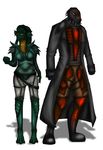  2015 3_toes alien anthro armor black_scales breasts claws duo female green_scales lizard looking_at_viewer luxianne male multicolored_scales multiple_eyes orange_eyes orange_scales reptile scales scalie simple_background ssarenna tekenar toe_claws toes two_tone_scales yellow_eyes 