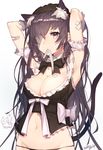  animal_ears armpits arms_up bandages black_hair black_panties blush bow bowtie breasts cat_ears cat_tail cleavage commentary_request detached_collar eyepatch large_breasts long_hair maid_headdress mika_pikazo mouth_hold navel original panties pink_eyes solo tail underwear 