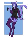  anthro bulge cat clothing digital_media_(artwork) feline fur hair kai-kat keys legwear looking_at_viewer male mammal necktie pinup pose purple_fur purple_hair simple_background solo suit thibby thigh_highs tongue tongue_out underwear vest 