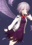  angel_wings bow brooch dress feathers hand_on_own_face highres jacket jewelry kishin_sagume looking_at_viewer minamina open_clothes open_jacket purple_dress red_eyes silver_hair single_wing solo touhou wings 