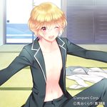  ;d ahoge binan_koukou_chikyuu_bouei-bu_love! binan_koukou_chikyuu_bouei-bu_love!_game! blazer blonde_hair blush clothes_removed game_cg hakone_yumoto jacket male_focus navel official_art one_eye_closed open_clothes open_jacket open_mouth red_eyes shirt_removed smile solo tatami watermark 