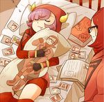  1girl blanket blanket_hug camerupt dakimakura_(object) drooling fake_horns female_pervert gen_3_pokemon glasses gloves homura_(pokemon) hood hoodie horned_headwear kagari_(pokemon) lying matsubusa_(pokemon) mumu_(pixiv2105321) on_back on_bed pervert photo_(object) pillow pokemon pokemon_(creature) pokemon_(game) pokemon_oras purple_hair red_hair ribbed_sweater short_hair sleeping sweatdrop sweater team_magma translation_request uniform 