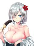  :q aritsuno bad_id bad_pixiv_id blue_eyes blush breasts chocolate_banana cleavage collarbone flower food hair_flower hair_ornament hair_over_one_eye hairclip hamakaze_(kantai_collection) highres holding holding_food huge_breasts japanese_clothes kantai_collection kimono off_shoulder sexually_suggestive short_hair silver_hair simple_background solo tongue tongue_out upper_body white_background yukata 