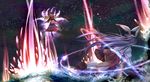  animal_ears battle blonde_hair bunny_ears danmaku dress duel haru-kun highres junko_(touhou) legacy_of_lunatic_kingdom long_hair magic multiple_girls night night_sky ocean purple_hair reisen_udongein_inaba shirt skirt sky star_(sky) starry_sky tabard touhou 