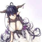  antenna_hair bandaged_arm bandages bangs bare_shoulders between_legs breasts cleavage danua draph dress frown granblue_fantasy hair_between_eyes hato_(full7) horn_ornament horns jewelry large_breasts long_hair necklace pale_skin pink_eyes pointy_ears purple_hair simple_background solo very_long_hair white_background white_dress 