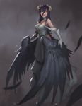  albedo bare_shoulders black_hair breasts cleavage demon_girl demon_horns demon_wings detached_collar dress feathered_wings feathers full_body gloves hair_between_eyes highres hip_vent horns josh_corpuz large_breasts long_hair low_wings overlord_(maruyama) solo white_dress white_gloves wings yellow_eyes 
