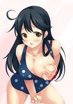  bare_shoulders black_hair blue_swimsuit blush breast_hold breast_slip breasts brown_eyes deep_skin hoshizuki_(seigetsu) kantai_collection large_breasts long_hair looking_at_viewer nipples one-piece_swimsuit one_breast_out polka_dot polka_dot_swimsuit scrunchie self_fondle solo swimsuit thighs ushio_(kantai_collection) wrist_scrunchie 