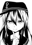  akatsuki_(kantai_collection) commentary doyagao finger_to_chin flat_cap greyscale ha_akabouzu hat highres kantai_collection long_hair monochrome school_uniform serafuku sketch smile solo straight_hair 