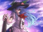  blue_hair bow cloud food fruit hat hinanawi_tenshi long_hair looking_at_viewer miata_(miata8674) open_mouth peach puffy_short_sleeves puffy_sleeves red_eyes shirt short_sleeves skirt sky smile solo sunset touhou very_long_hair wind 