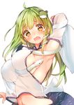  arm_up armpits between_breasts blush breasts brown_eyes crying crying_with_eyes_open detached_sleeves frog_hair_ornament green_hair hair_ornament japanese_clothes kochiya_sanae large_breasts long_hair long_sleeves midriff miko navel open_mouth see-through sideboob simple_background skirt snake snake_hair_ornament solo tears touhou upper_body white_background wide_sleeves yukizumi_remon 