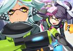  2girls aori_(splatoon) bad_id bad_pixiv_id bike_shorts biting black_hair boots brown_eyes commentary domino_mask fangs frown gloves gun headgear hero_shot_(splatoon) highres holding hotaru_(splatoon) lip_biting long_hair long_sleeves looking_at_another looking_at_viewer mask multiple_girls octarian open_mouth pointy_ears rifle shirt short_hair smile sniper_rifle splatoon_(series) splatoon_1 squid squidbeak_splatoon tentacle_hair vest weapon white_hair yu_zhi 