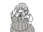  :&lt; big_belly blush breasts capelet closed_mouth commentary eyes_visible_through_hair fat food frown greyscale hair_ribbon ice_cream jitome large_breasts long_hair looking_at_viewer monochrome obese parfait patchouli_knowledge pocky ribbon shotaunk solo spoon touhou tress_ribbon v-shaped_eyebrows wide_hips 