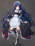  apron armor armored_boots black_dress blue_hair blush boots closed_mouth dress full_body grey_background grey_footwear knee_boots long_hair long_sleeves looking_at_viewer maid maid_apron maid_headdress metal_boots original purple_eyes simple_background solo standing standing_on_one_leg tonee very_long_hair waist_apron white_apron 