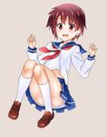  blue_skirt blush brown_hair kiyosumi_school_uniform miyanaga_saki neckerchief okina_ika open_mouth red_eyes red_neckwear saki school_uniform serafuku short_hair skirt solo thighs 