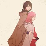  1boy 1girl arm_around_shoulder black_hair cloak haruno_sakura husband_and_wife lintankleen naruto pink_hair poncho pregnant rinnegan simple_background smile uchiha_sasuke 