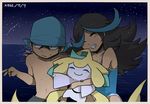  1girl aogiri_(pokemon) bandana black_hair blue_hair blue_swimsuit gen_3_pokemon grin hug izumi_(pokemon) jirachi long_hair multicolored_hair mumu_(pixiv2105321) night night_sky ocean one-piece_swimsuit photo_(object) pokemon pokemon_(creature) pokemon_(game) pokemon_oras shooting_star sky smile swimsuit tan team_aqua v younger 