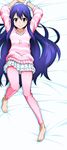  absurdres arms_up barefoot bed blue_hair brown_eyes fairy_tail highres long_hair long_legs looking_at_viewer lying on_back pajamas scrunchie smile solo striped striped_sweater sweater very_long_hair wendy_marvell wrist_scrunchie 