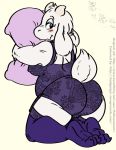  anthro badgengar big_breasts big_butt blue_eyes blush boss_monster breasts butt caprine clothing female fiztheancient fur goat legwear lingerie mammal nipple_bulge pillow slightly_chubby solo stockings toriel undertale video_games white_fur 