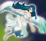  angel_wings blue_eyes blue_hair braid dress flying go!_princess_precure haruyama_kazunori kaidou_minami long_hair looking_at_viewer precure single_braid solo white_dress wings 