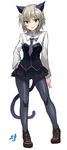  anastasia_(idolmaster) animal_ears black_legwear blue_eyes cat_ears cat_tail contrapposto cosplay full_body hand_on_hip highres idolmaster idolmaster_cinderella_girls pantyhose sanya_v_litvyak sanya_v_litvyak_(cosplay) shift_(waage) short_hair silver_hair simple_background skirt smile solo standing strike_witches tail trait_connection world_witches_series 