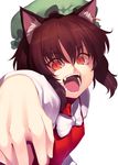  animal_ears bow bowtie brown_hair cat_ears chen fangs hat image_sample jewelry kaiza_(rider000) long_sleeves looking_at_viewer mob_cap open_mouth orange_eyes shirt short_hair simple_background single_earring slit_pupils smile solo touhou twitter_sample upper_body vest white_background 
