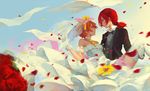  absurdres bamboo_nima bouquet bridal_veil bride carrying commentary_request crossdressing dress flower gloves groom highres hoshizora_rin looking_at_another love_live! love_live!_school_idol_project love_wing_bell multiple_girls nishikino_maki orange_hair petals princess_carry red_flower red_hair short_hair tuxedo veil wedding_dress white_gloves wife_and_wife yellow_flower yuri 