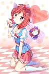  absurdres blush bracelet breasts checkered checkered_floor cleavage hello_kitty highres jewelry karumayu kneehighs kneeling looking_at_viewer love_live! love_live!_school_idol_project medium_breasts nishikino_maki no_shoes one_eye_closed paw_pose purple_eyes red_hair short_hair solo white_legwear 