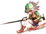  1girl baseball_cap bike_shorts bike_shorts_under_shorts blush boots brown_eyes commentary domino_mask face_mask full_body gun hat highres holding hood hoodie hotaru_(splatoon) long_sleeves mask mouth_hold neichiru pointy_ears rifle screw shirt short_hair short_shorts shorts sitting sketch sniper_rifle solo splatoon_(series) splatoon_1 squidbeak_splatoon tentacle_hair weapon white_background white_hair 