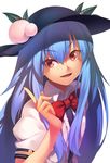  blue_hair blush bow bowtie food fruit hat hinanawi_tenshi kaiza_(rider000) leaf long_hair looking_at_viewer open_mouth peach puffy_sleeves red_eyes short_sleeves simple_background smile solo touhou upper_body white_background 