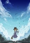 anonamos blue_eyes blue_sky carrying cloud day dress grass hair_ribbon hand_on_headwear hat highres light_particles long_sleeves looking_at_viewer moriya_suwako nature path petals pigeon-toed purple_dress ribbon road shadow short_dress sky smile solo suitcase thighhighs touhou white_legwear wide_sleeves wind 