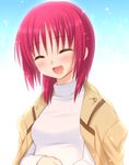  angel_beats! blue_background blush buttons closed_eyes ears happy iwasawa jacket_on_shoulders nakamura_hinato open_mouth red_hair short_hair shy smile solo sparkle sweater tongue white_background 