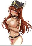  1girl areolae armlet bangs bikini blue_eyes blush bracelet braid breast_lift breasts brown_hair choker cleavage erect_nipples female frilled_bikini frills granblue_fantasy hat jewelry katsurai_yoshiaki large_breasts liscia_(granblue_fantasy) long_hair looking_at_viewer midriff navel nippes nipples peaked_cap puffy_nipples purple_eyes simple_background smile solo swimsuit very_long_hair white_background 