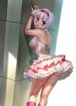  against_wall ass blush breasts dress flower_knight_girl hairband kneepits large_breasts looking_at_viewer looking_back pink_eyes royal_princess_(flower_knight_girl) sasayuki short_hair silver_hair sleeveless solo wet wet_clothes wrist_cuffs 