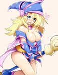 bare_shoulders blonde_hair blue_eyes blush breasts collar dark_magician_girl detached_sleeves duel_monster hat heart highres large_breasts long_hair mizuyan riding solo wand wizard_hat yuu-gi-ou yuu-gi-ou_duel_monsters 