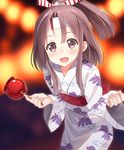  :d blurry blush brown_eyes brown_hair candy_apple depth_of_field floral_print food headband holding holding_food hyuuga_azuri japanese_clothes kantai_collection kimono long_hair obi open_mouth ponytail sash sidelocks smile solo yukata zuihou_(kantai_collection) 