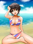  akiyama_yoshiko barefoot beach bikini breasts cleavage cloud curly_hair day girls_und_panzer large_breasts matsui_yasutsugu messy_hair multicolored multicolored_bikini multicolored_clothes navel ocean outdoors sand short_hair sitting skindentation solo striped striped_bikini swimsuit water 