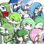  1boy 6+girls bespectacled blue_eyes blue_hair blush breasts cleavage eyes_closed furry gallade gardevoir glasses green_hair huge_breasts long_hair lucy_(jcdr) multiple_girls nintendo open_mouth orange_eyes pink_hair pokemon purple_eyes rakkuguy red_eyes short_hair smile yellow_eyes 