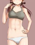  abs aksman bad_id bad_tumblr_id blush breasts brown_hair cowboy_shot gertrud_barkhorn hand_on_hip head_out_of_frame long_hair low_twintails navel panties parted_lips red_background simple_background small_breasts solo strike_witches sweat tank_top twintails underwear underwear_only white_panties world_witches_series 