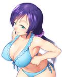  aqua_bikini bikini blush breasts cleavage covered_nipples front-tie_top green_eyes grin large_breasts long_hair love_live! love_live!_school_idol_project low_twintails navel onsoku_maru purple_hair shiny shiny_skin side-tie_bikini simple_background skindentation smile solo swimsuit toujou_nozomi twintails white_background 