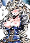  bangs blonde_hair blue_eyes blush breasts breasts_outside clenched_teeth flower frown granblue_fantasy hair_between_eyes hair_flower hair_ornament hairband jeanne_d'arc_(granblue_fantasy) large_breasts lily_(flower) long_hair looking_down nipples nose_blush solo teeth translated tsuki_wani wardrobe_malfunction 