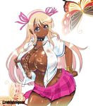  blonde_hair blue_eyes breasts curvy dark_skin ganguro gyaru huge_breasts katsuragi_(senran_kagura) kogal long_hair looking_at_viewer navel necktie open_clothes open_shirt rebis senran_kagura shirt skirt smile solo sweat thighs twitter_username wide_hips 