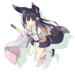  animal_ear_fluff animal_ears black_hair dango fang flower food fox_ears fox_tail hair_ornament holding japanese_clothes kuromitsu_nene long_hair looking_at_viewer open_mouth original poco_(asahi_age) sandals skewer skirt smile socks solo tail wagashi wide_sleeves yellow_eyes 